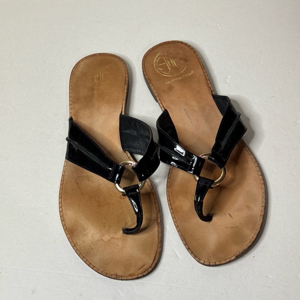 Lilly Pulitzer Black Patent Leather Thong Sandals Size 10M